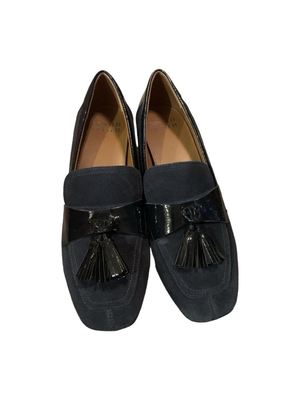 Donald Pliner 8 Kressida Tassel Loafer Pumps Blue Suede patent Block Heel Chunky